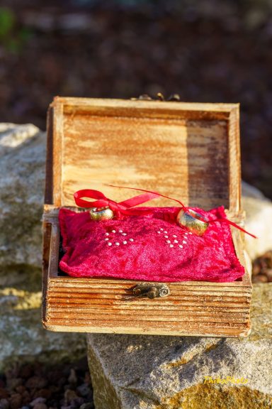 Coffre en bois ouvert contenant un coussin en velours rouge avec des rubans dorés.